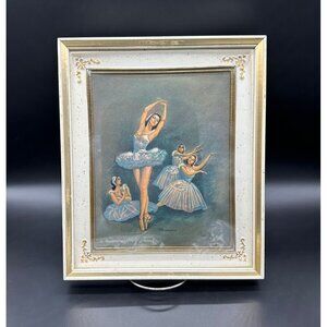 Vintage Mid Century Framed Ballerinas Print Gold White Wood Ornate Dameriors